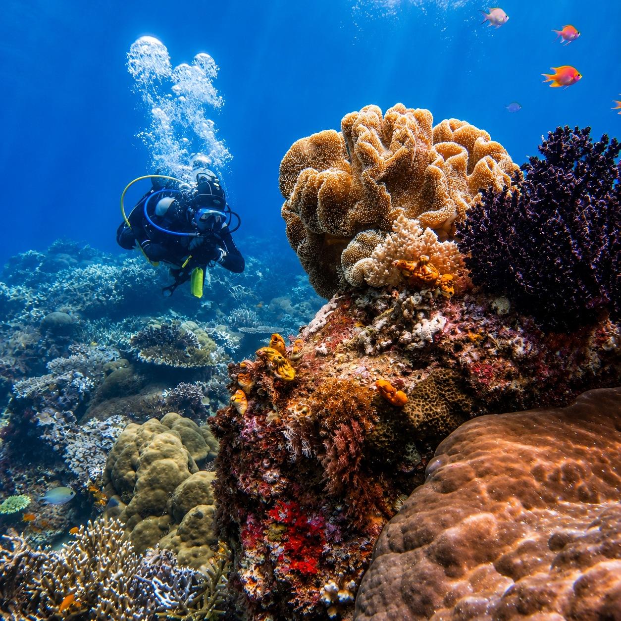 A diver hovering above a coral bommie of soft and hard corals