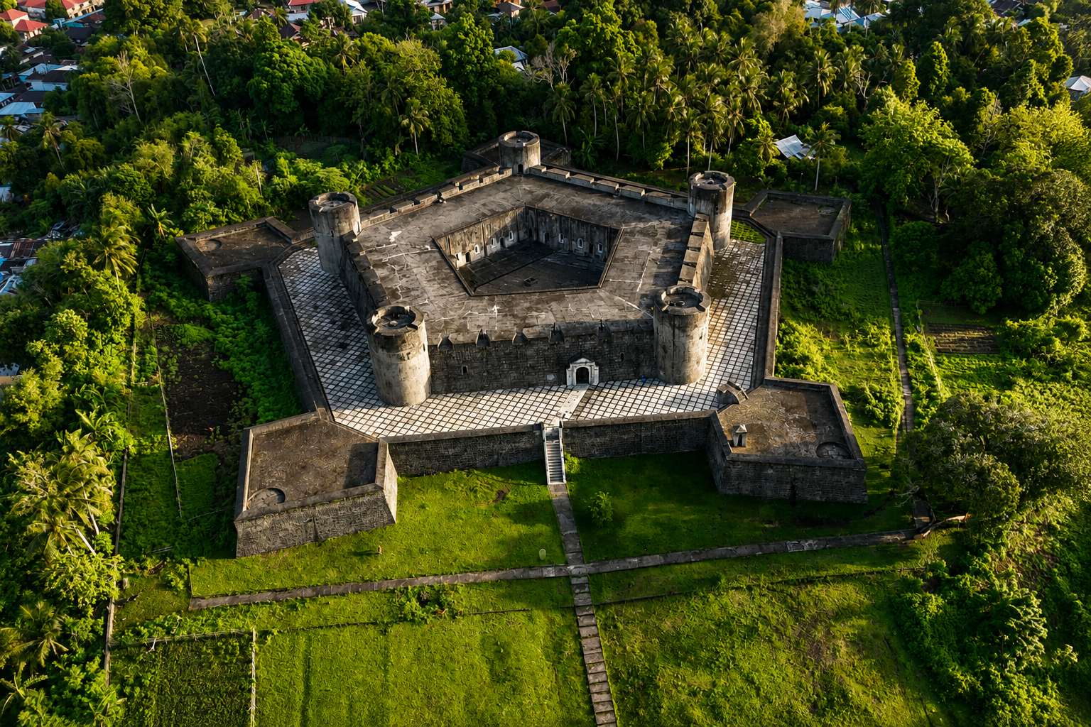 Aerial view of the pentagonal Fort Belgica surrounded by palms