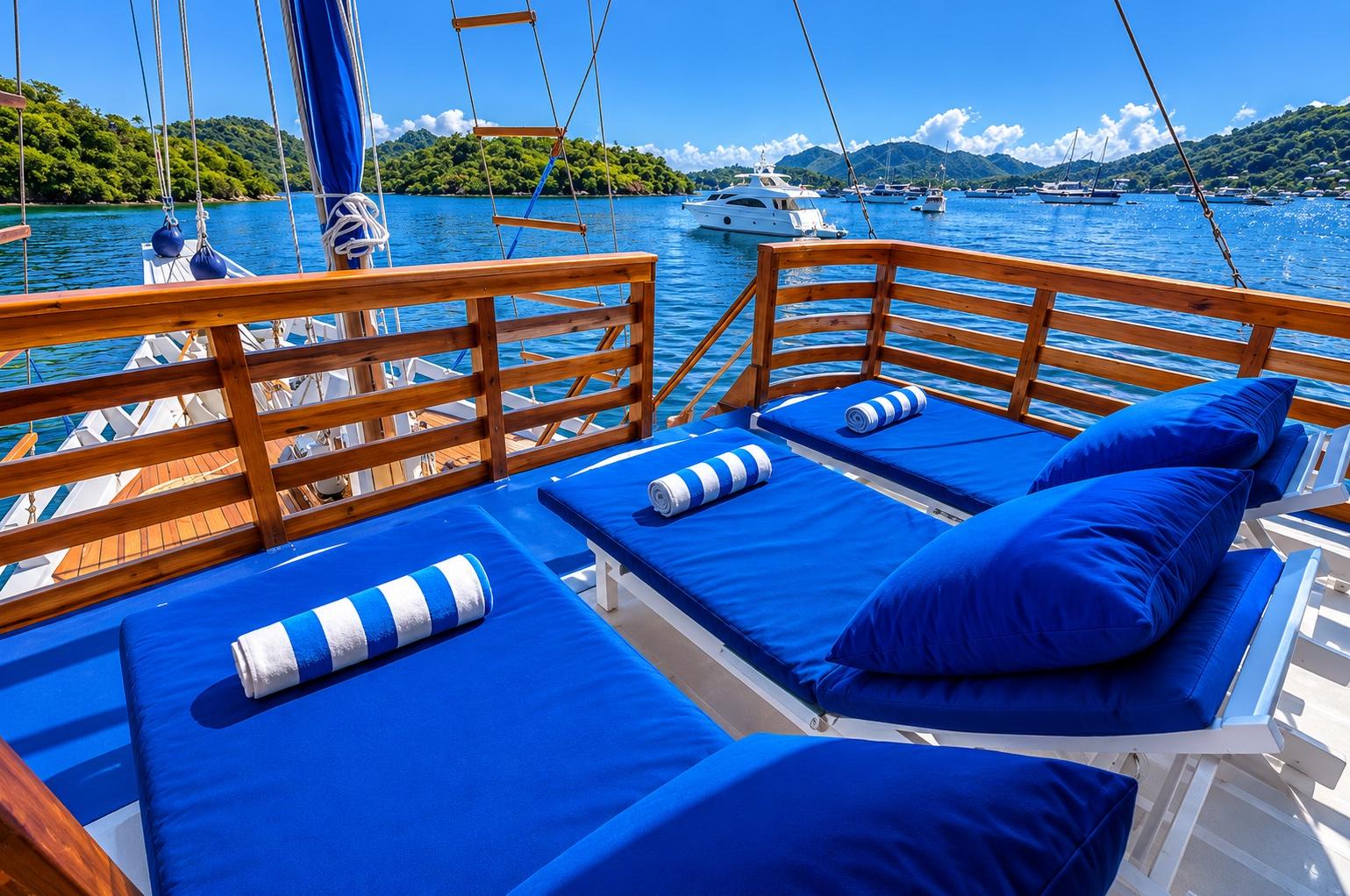 The sundeck of Mari liveboard with sun loungers