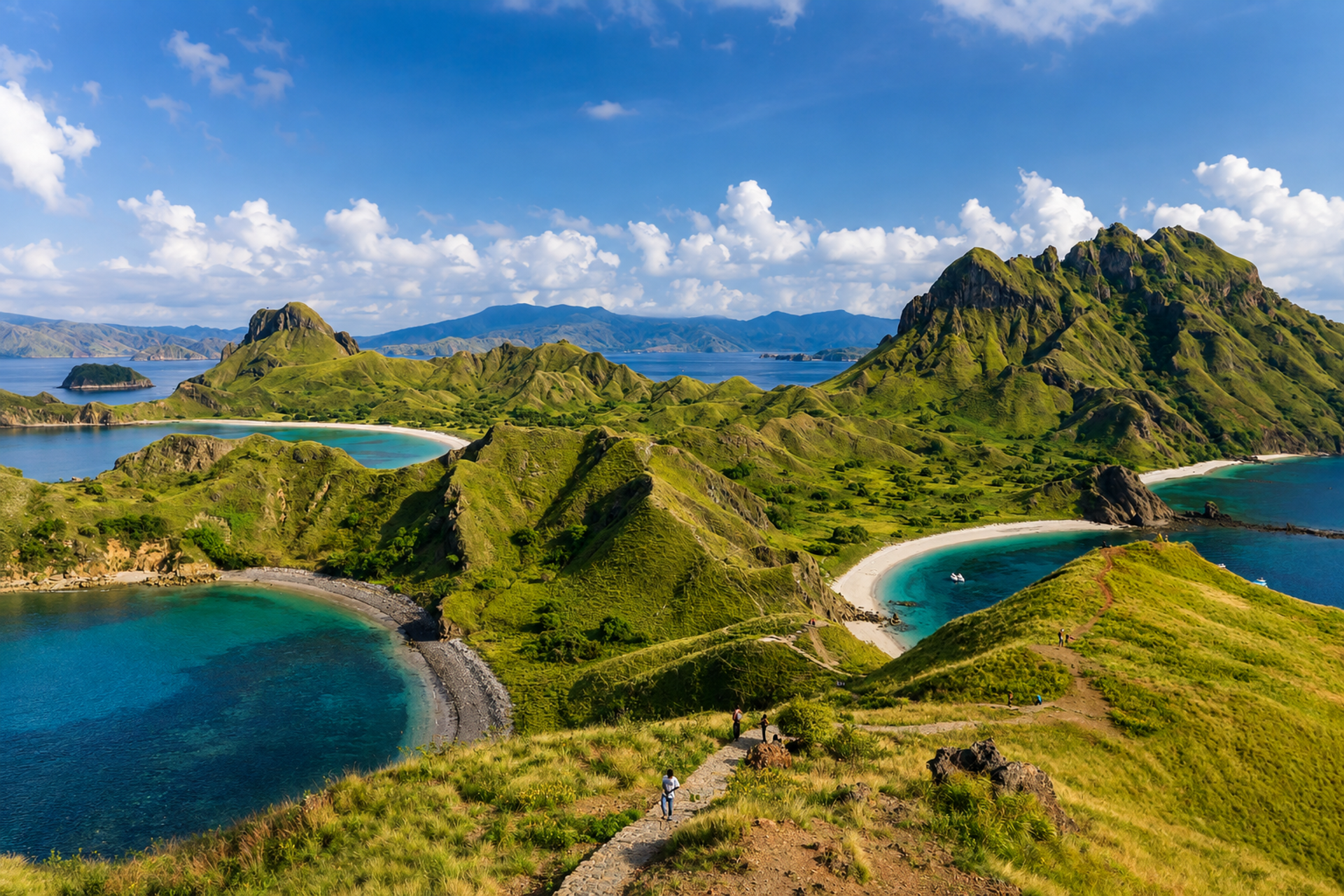 View from the Padar Island summit trail over three crescent-shaped bays in Komodo National Park