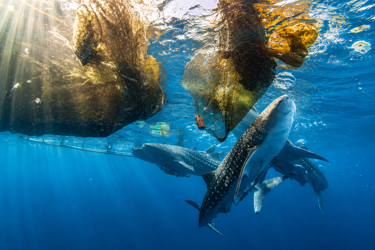 Two whale sharks turning below the hanging nets of a fishing platform