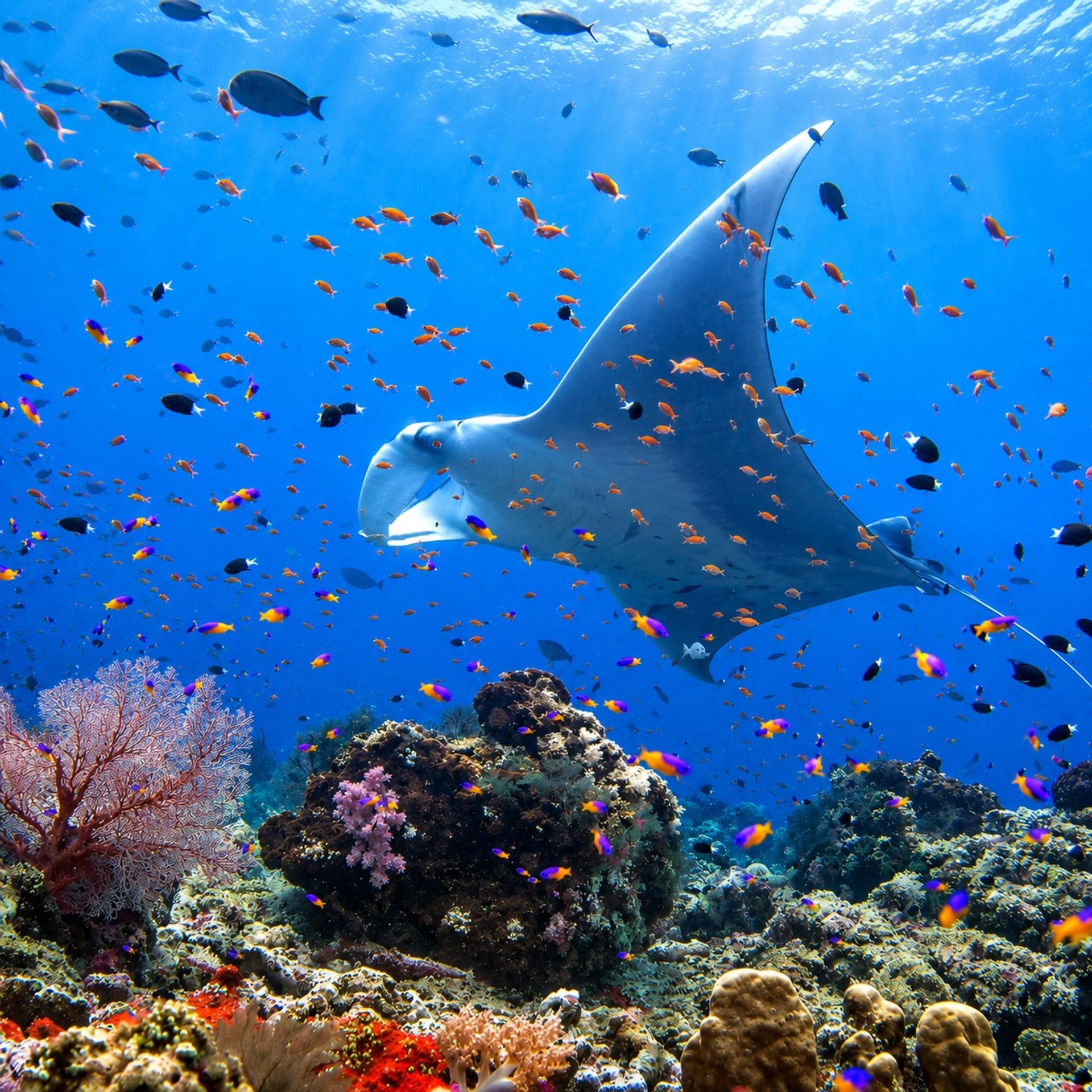 A manta ray gliding over a cleaning station in Komodo