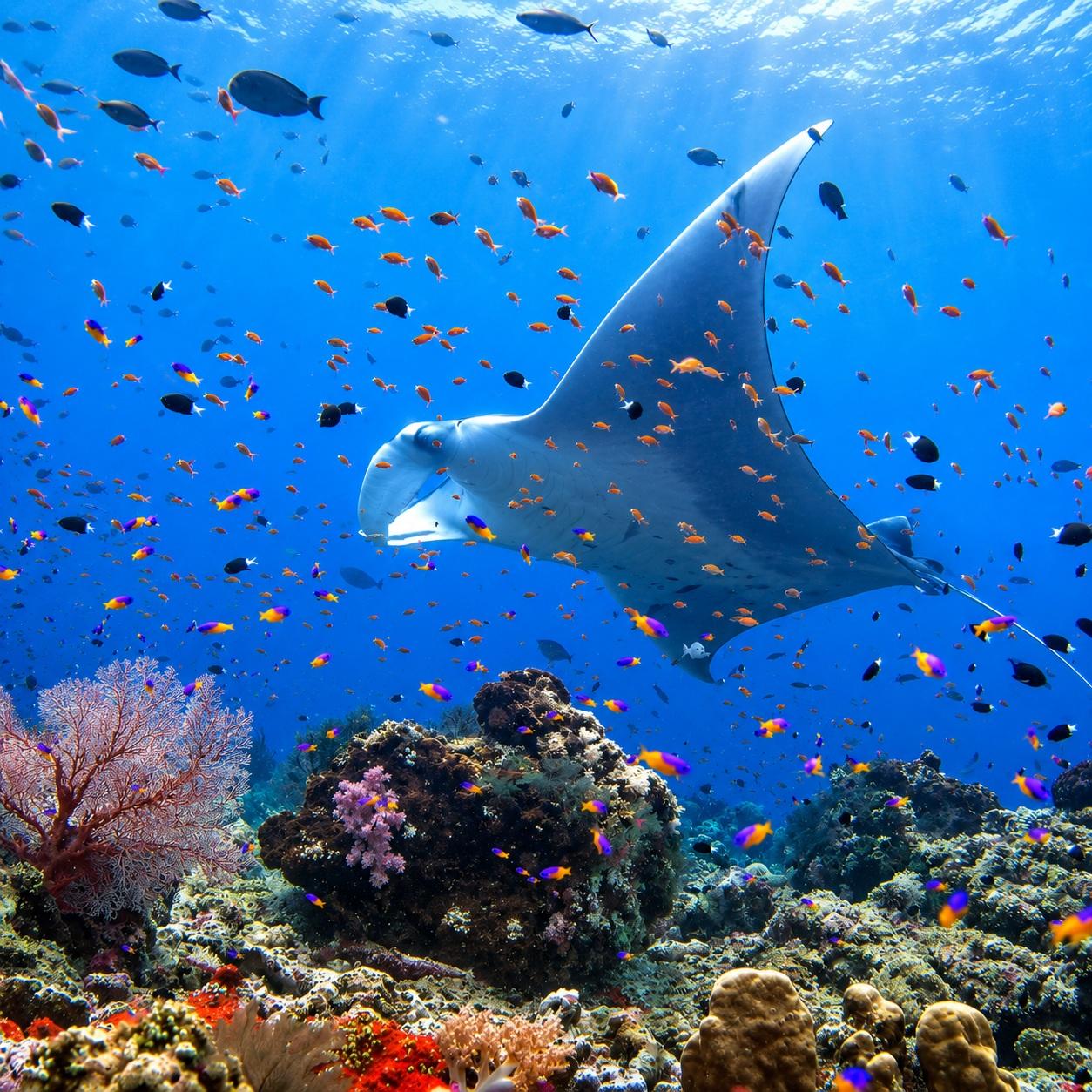 A manta ray gliding over a cleaning station in Komodo