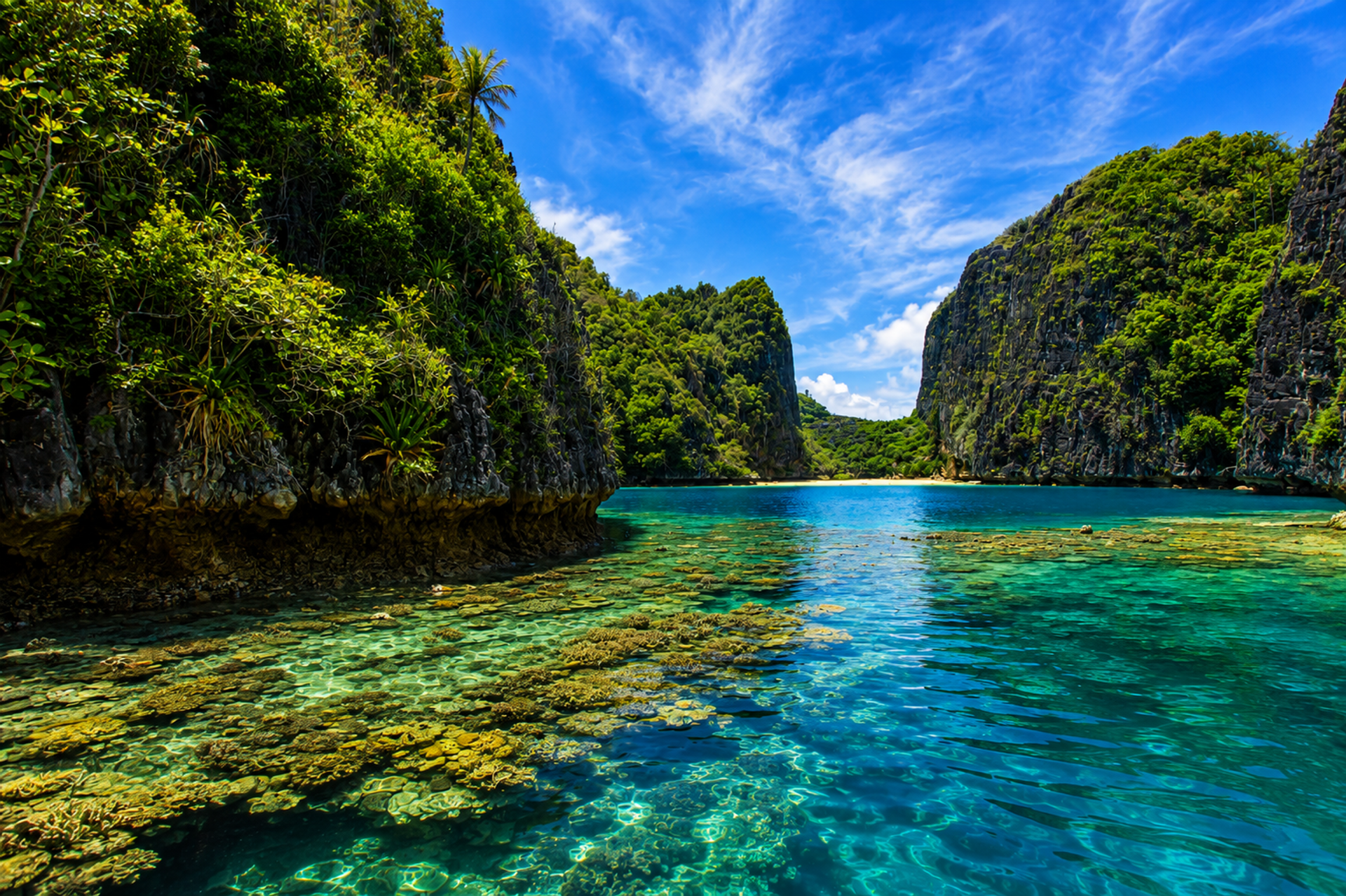 A shallow coral garden in a channel between limestone karst islands in Raja Ampat