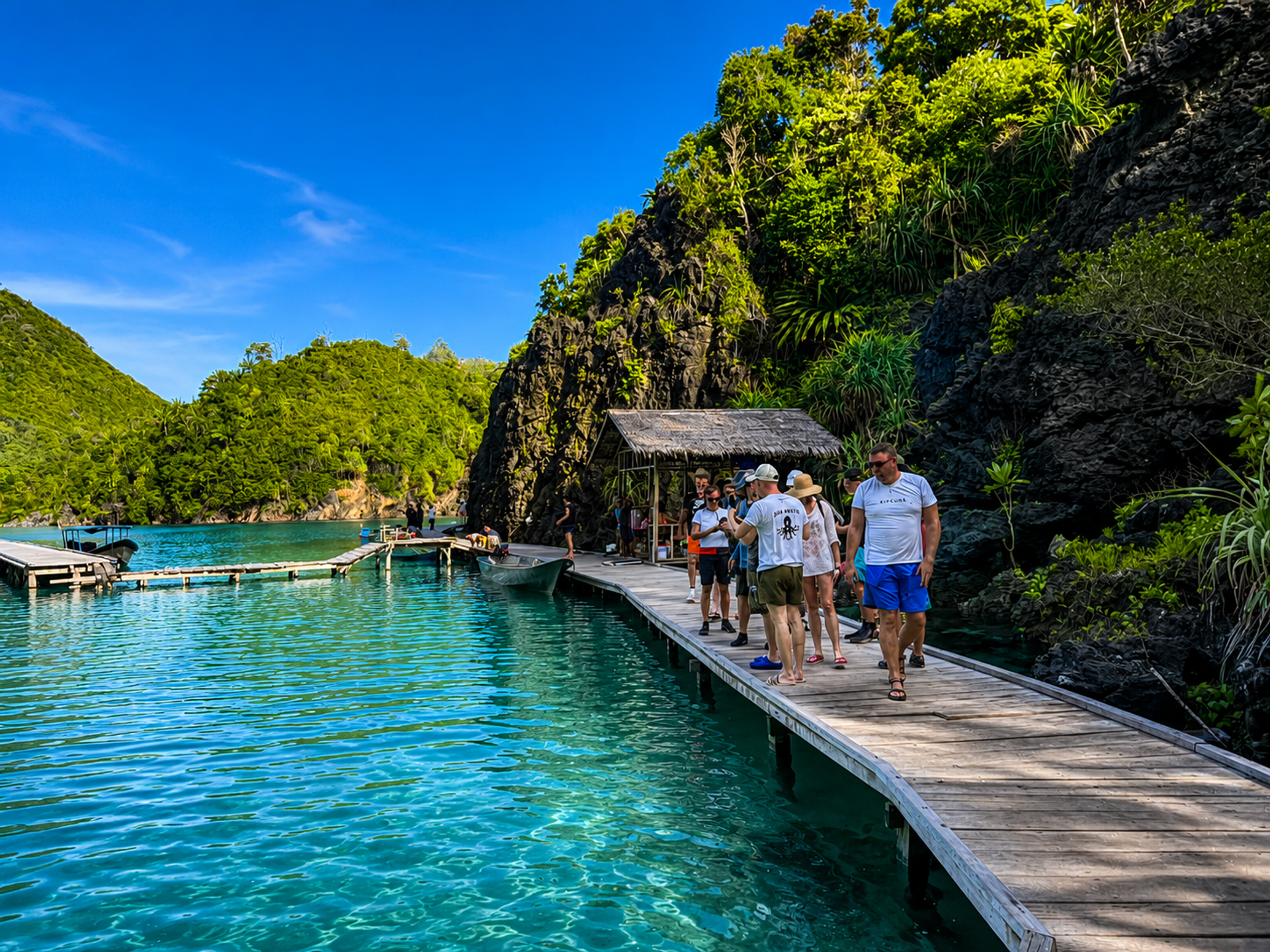 Guests on a wooden boardwalk above a turquoise bay ringed by karst