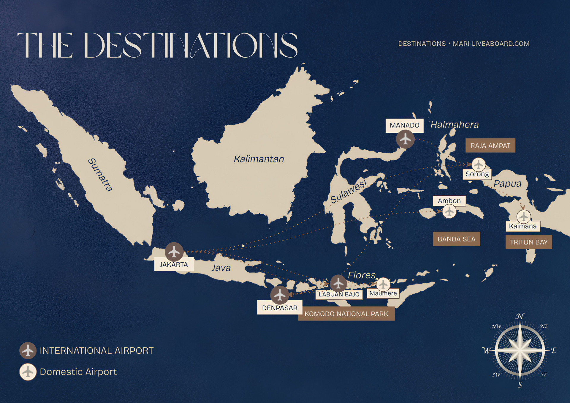 Map of Mari Liveaboard's private charter destinations across Indonesia