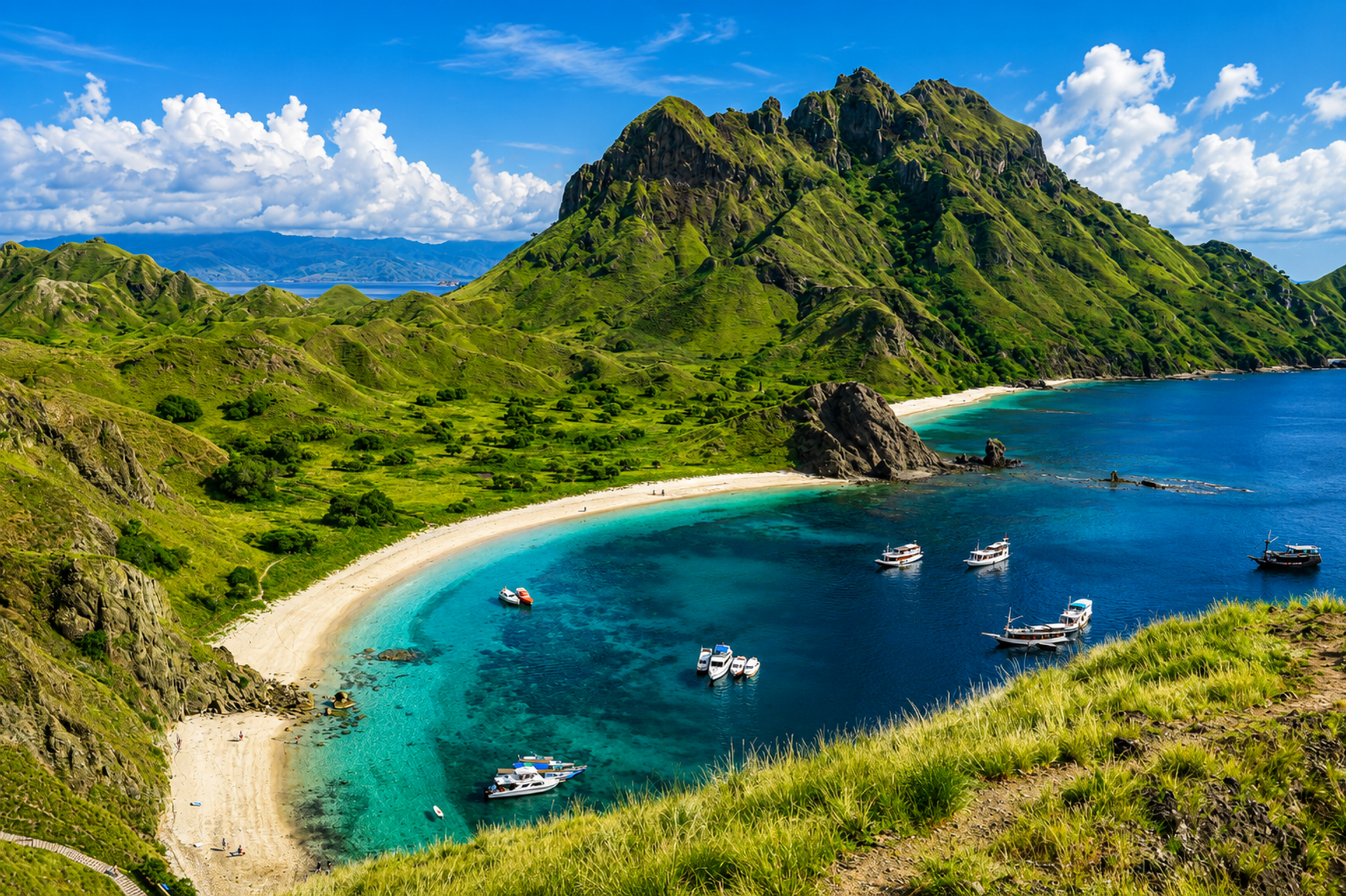 Padar Island's ridgelines green after seasonal rain