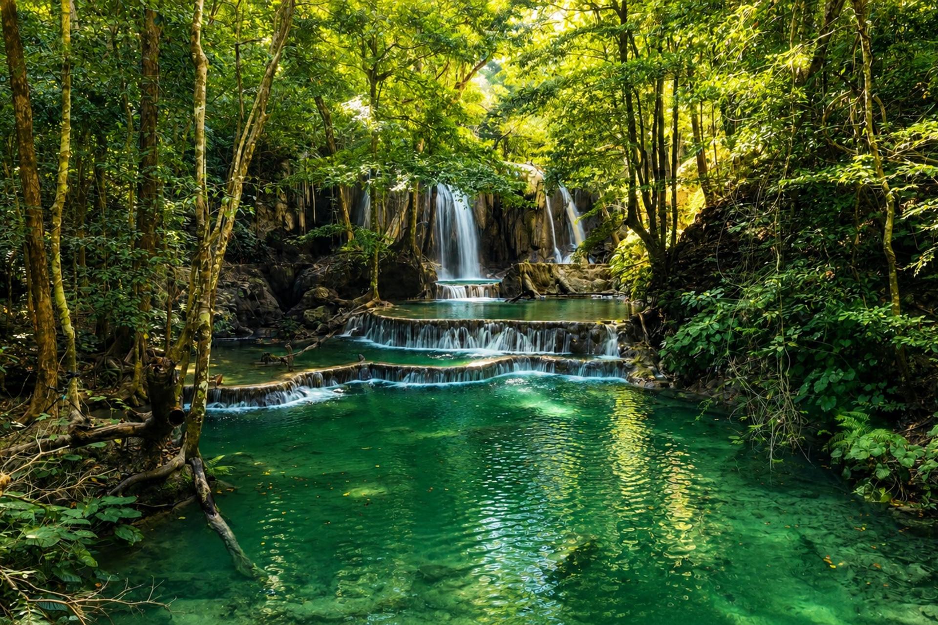 The terraced pools of Mata Jitu Waterfall running through dense jungle