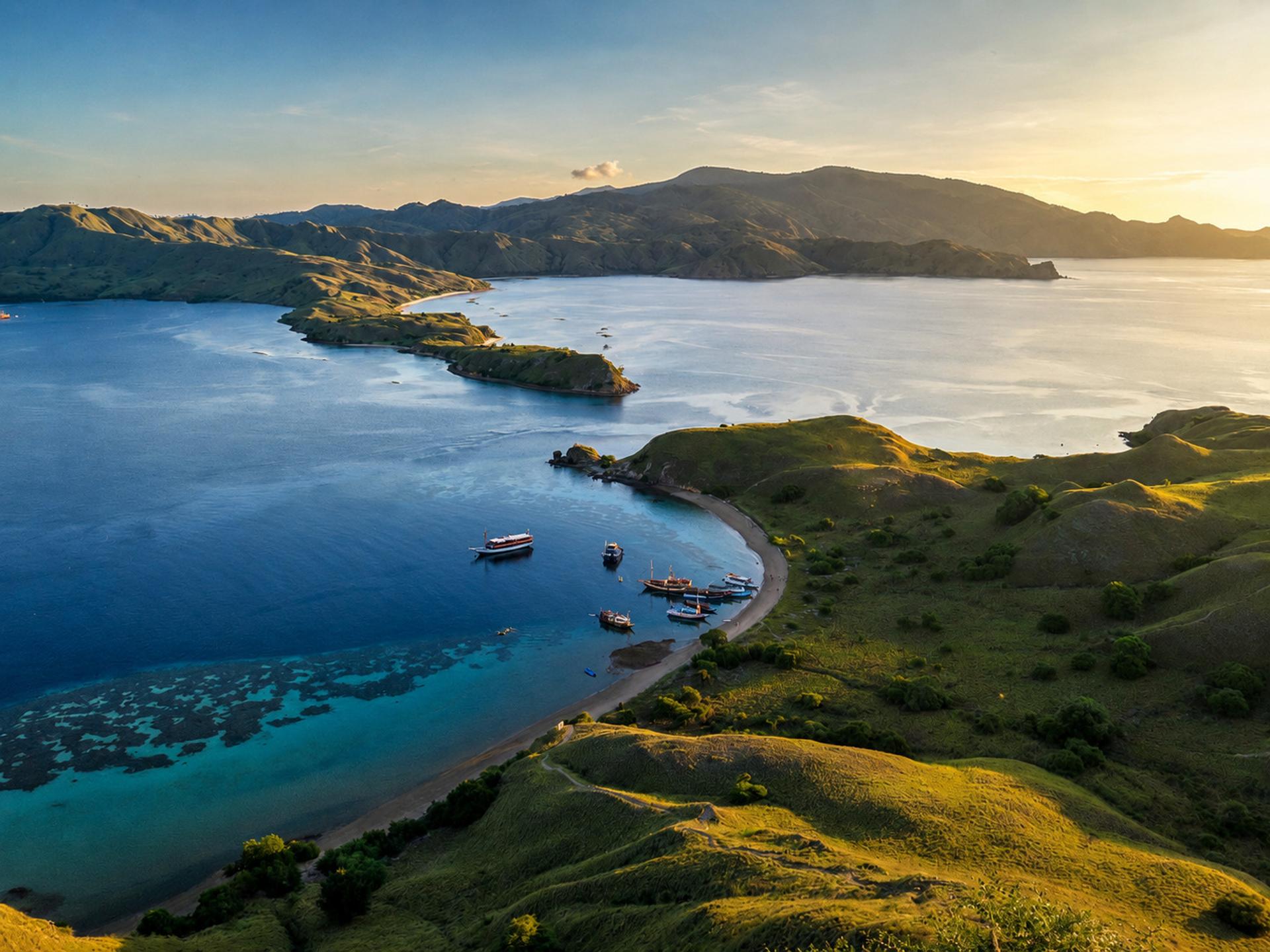 Elevated view over a sheltered Komodo bay at golden hour, with boats at anchor off a curved beach