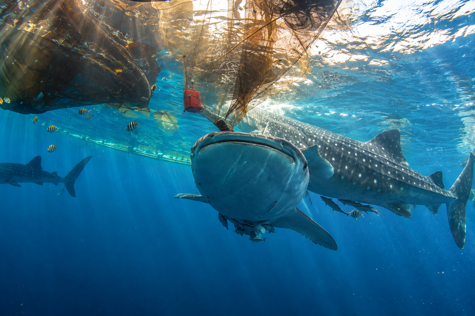 Whale sharks gathering beneath a fishing platform’s hanging nets