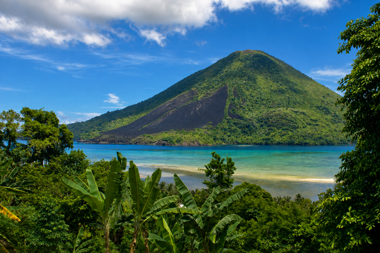 A green volcanic cone rising above a turquoise bay and jungle