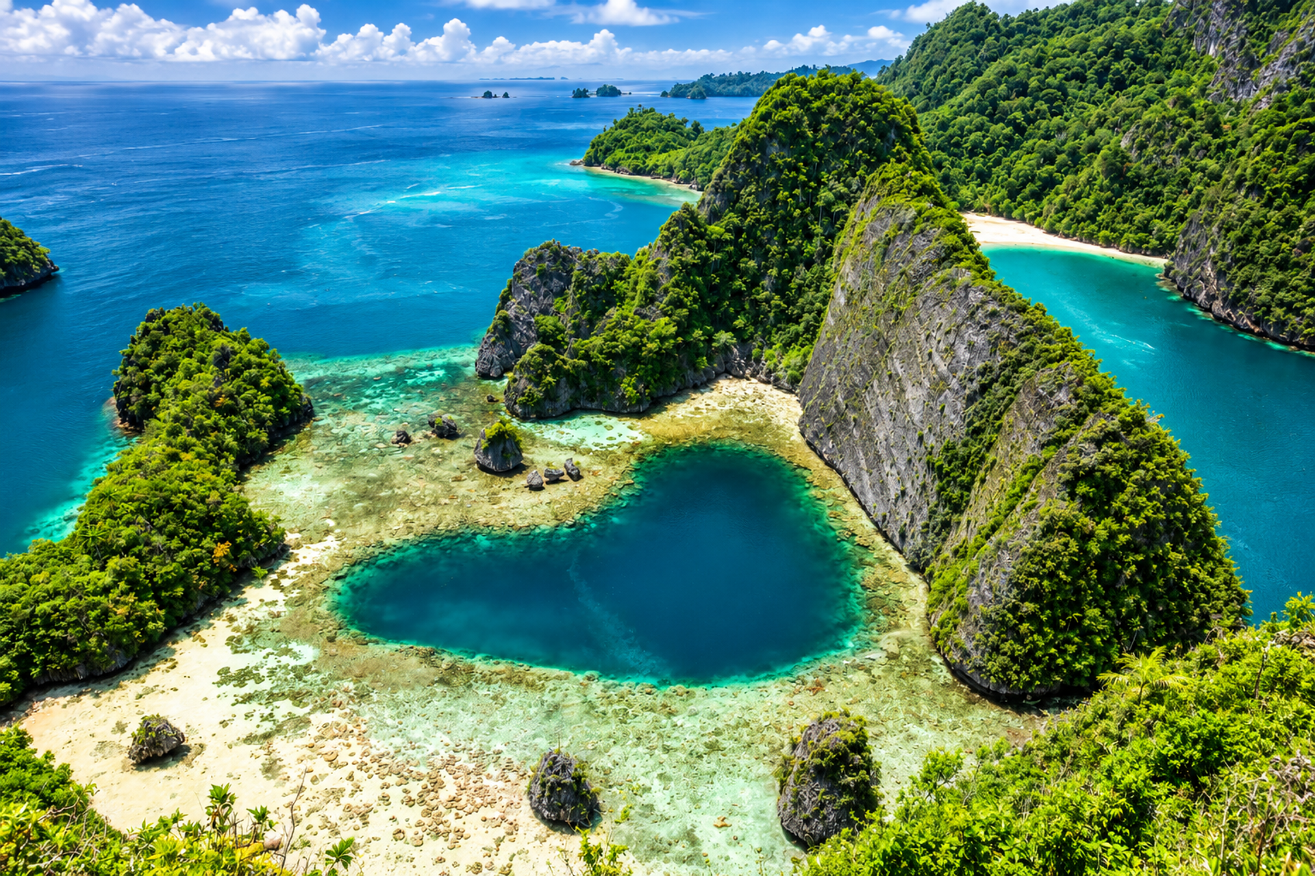 A heart-shaped turquoise lagoon enclosed by forested limestone karst
