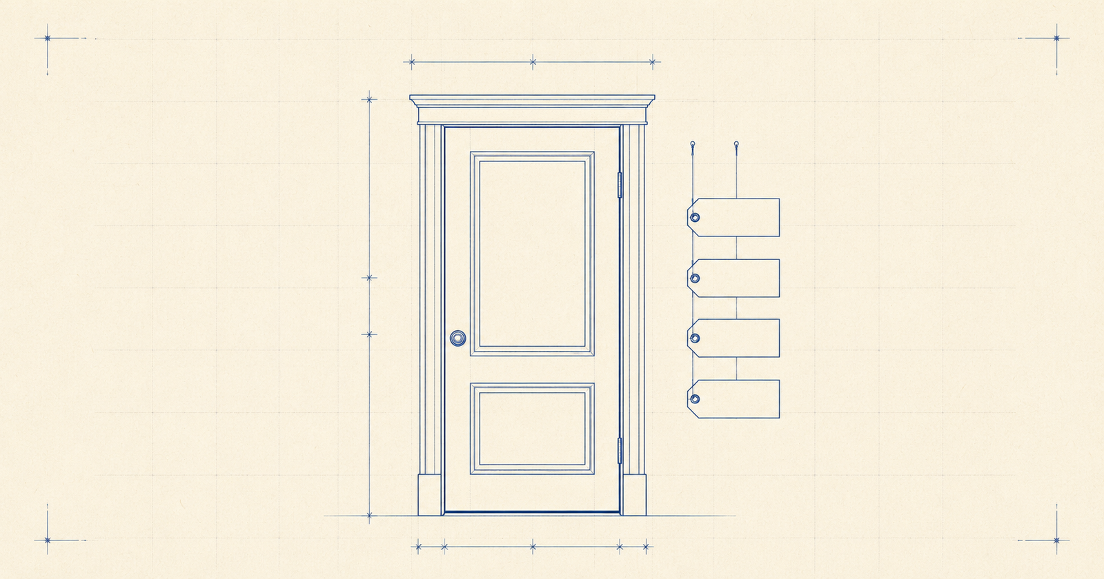 A closed door drawn as a cobalt blue architectural line diagram on cream paper, with four small blank tags hanging beside it on threads.