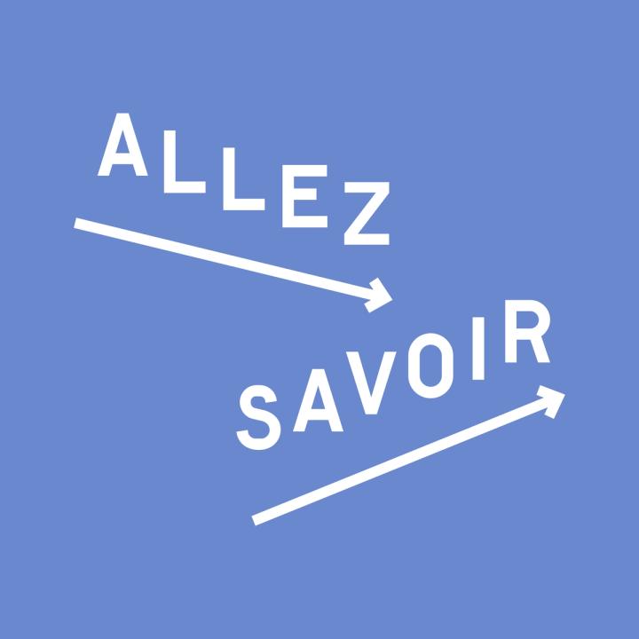 Logo du festival Allez Savoir 2026 — « Allez Savoir » en capitales blanches, traversé de deux flèches, sur fond bleu