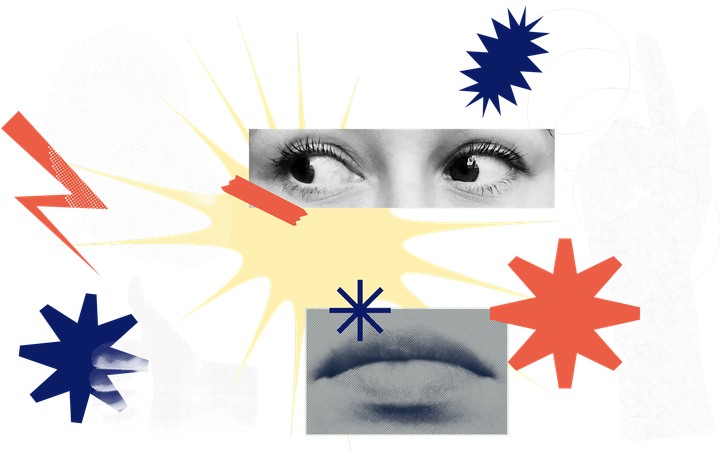 Collage du festival Allez Savoir : une paire d'yeux et une bouche découpées en noir et blanc, étoiles bleues et rouges sur fond clair