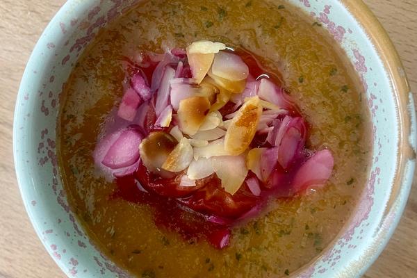 Soupe de melon, pêches rôties