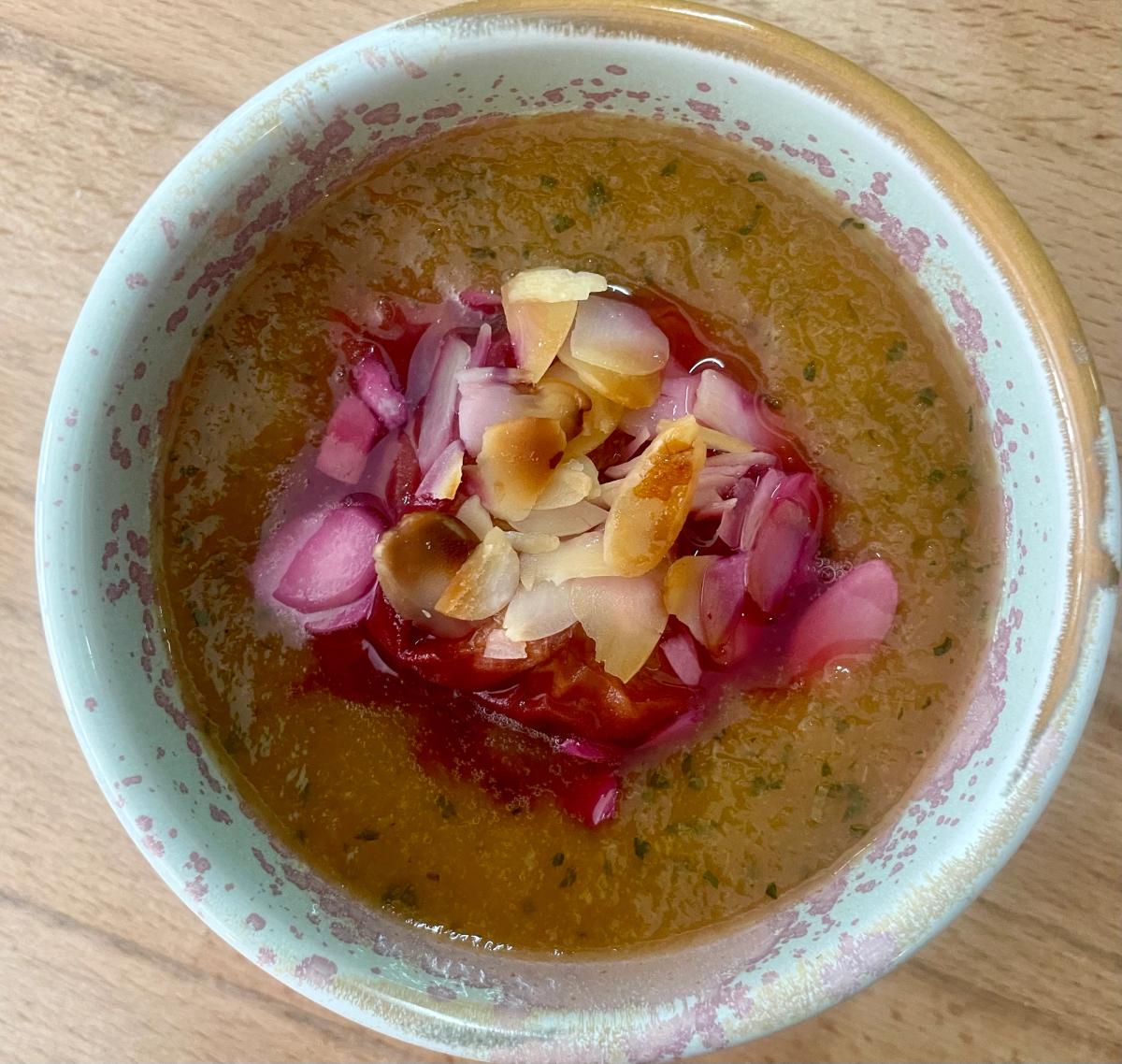 Soupe de melon, pêches rôties