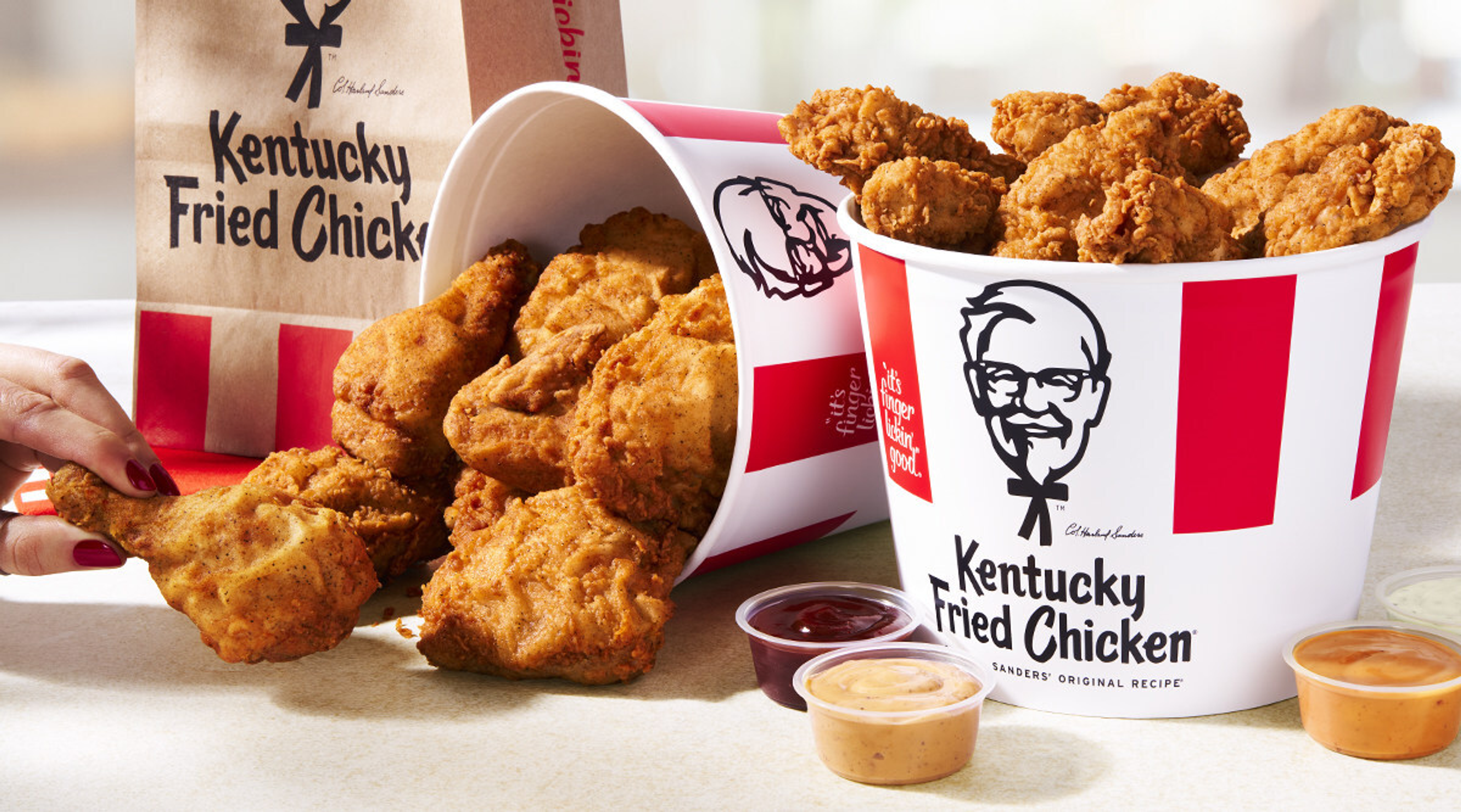 The KFC Comeback kicks off with a Free Bucket on Us. Choose between a free eight-piece bucket of chicken or tenders with a $15+ online purchase on the KFC App.