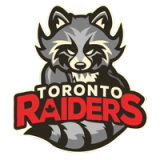A fearsome racoon looks at you. In large text across its body the words Toronto Raiders. Toronto in white, Raiders in red with a small maple leaaf in the space where the hole of the A would be.