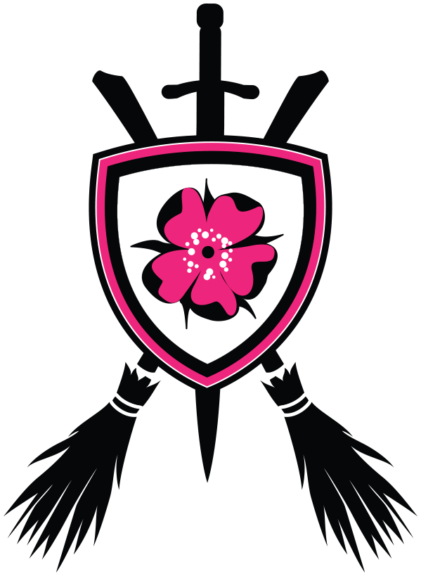 a black sword, hilt at the top points directly down the center of the logo. two black broomsticks that a witch might ride form an x over top. Overlaying it all is a three sided shield with a pink wild rose in the centre.