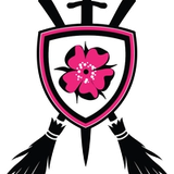 a black sword, hilt at the top points directly down the center of the logo. two black broomsticks that a witch might ride form an x over top. Overlaying it all is a three sided shield with a pink wild rose in the centre.