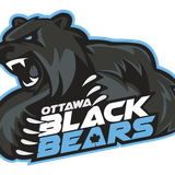 An angry belar bear in profile growls. Mouth open with large white teeth and two paws with four large claws hold onto a logo that states: Ottawa Black Bears. Each word stacked on top, the top two - ottawa and bear- are white while bear is in blue. The hold for the A of bear is a maple leaf.