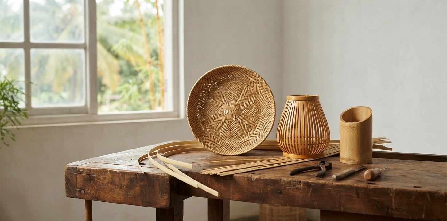 Rattan basket, bamboo products and craft tools on a workshop bench.