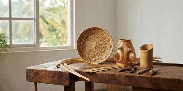 Rattan basket, bamboo products and craft tools on a workshop bench.