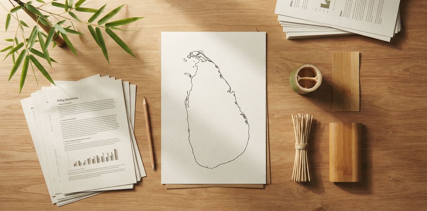 Map of Sri Lanka, policy papers and bamboo samples on a wooden desk.