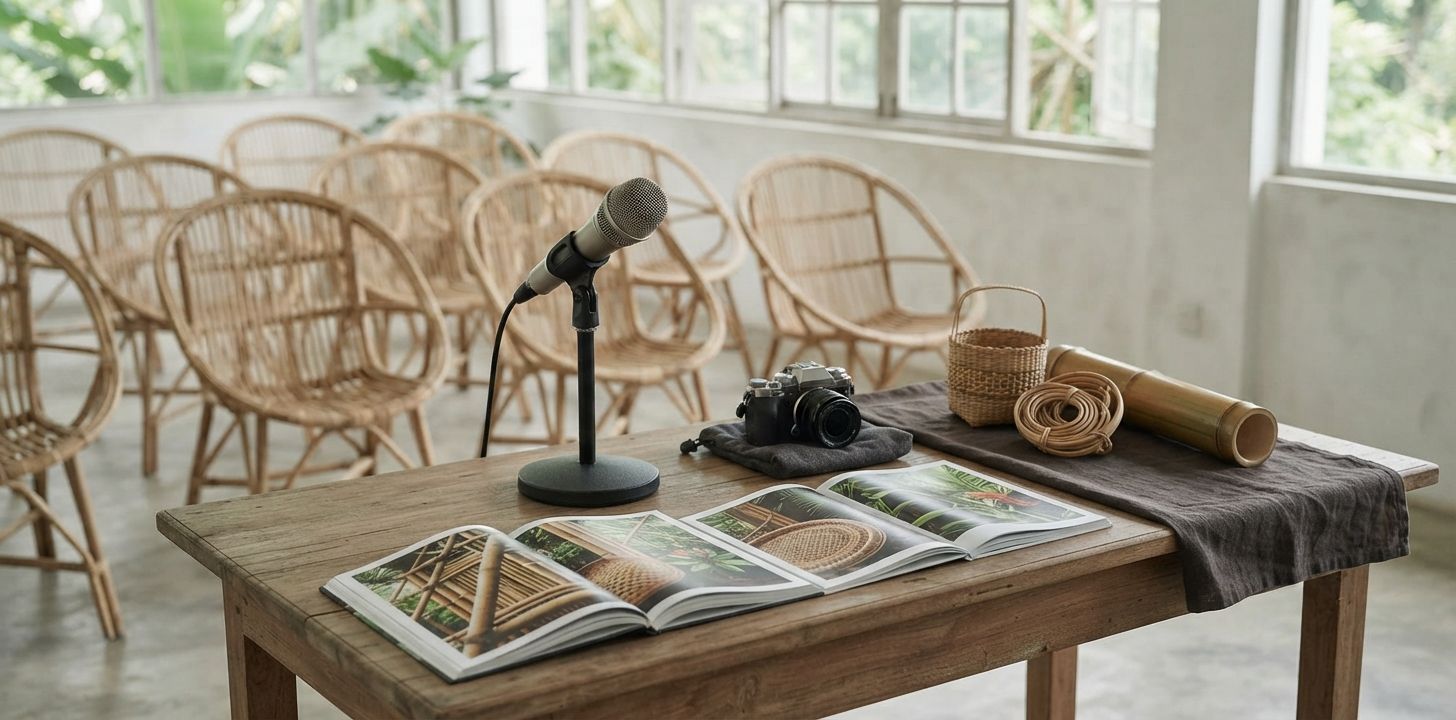 Microphone, camera and bamboo publications in an empty event venue.