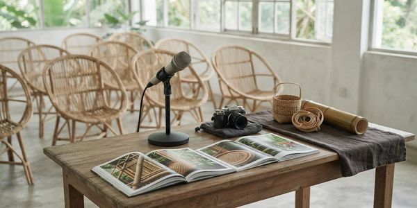 Microphone, camera and bamboo publications in an empty event venue.