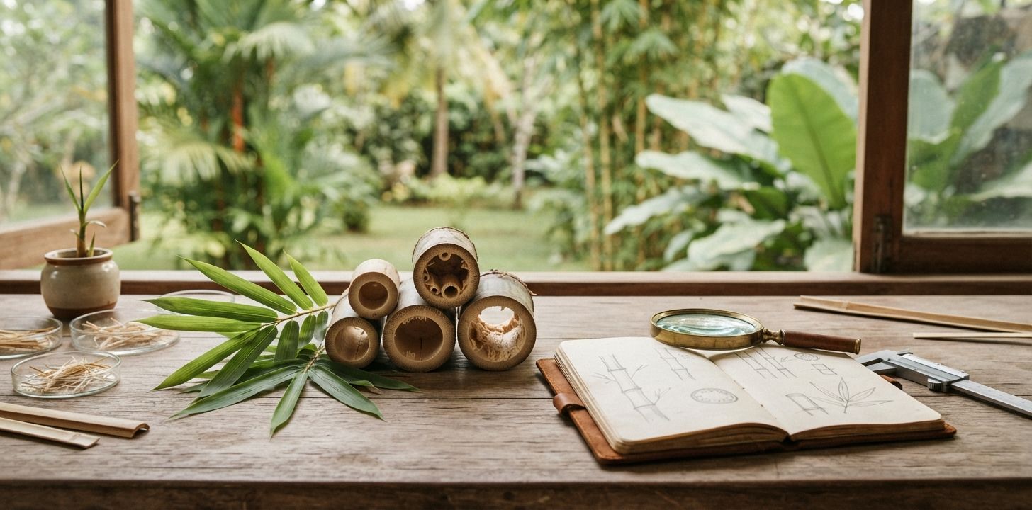 Bamboo specimens, botanical sketches and research tools beside a tropical garden.
