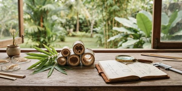 Bamboo specimens, botanical sketches and research tools beside a tropical garden.