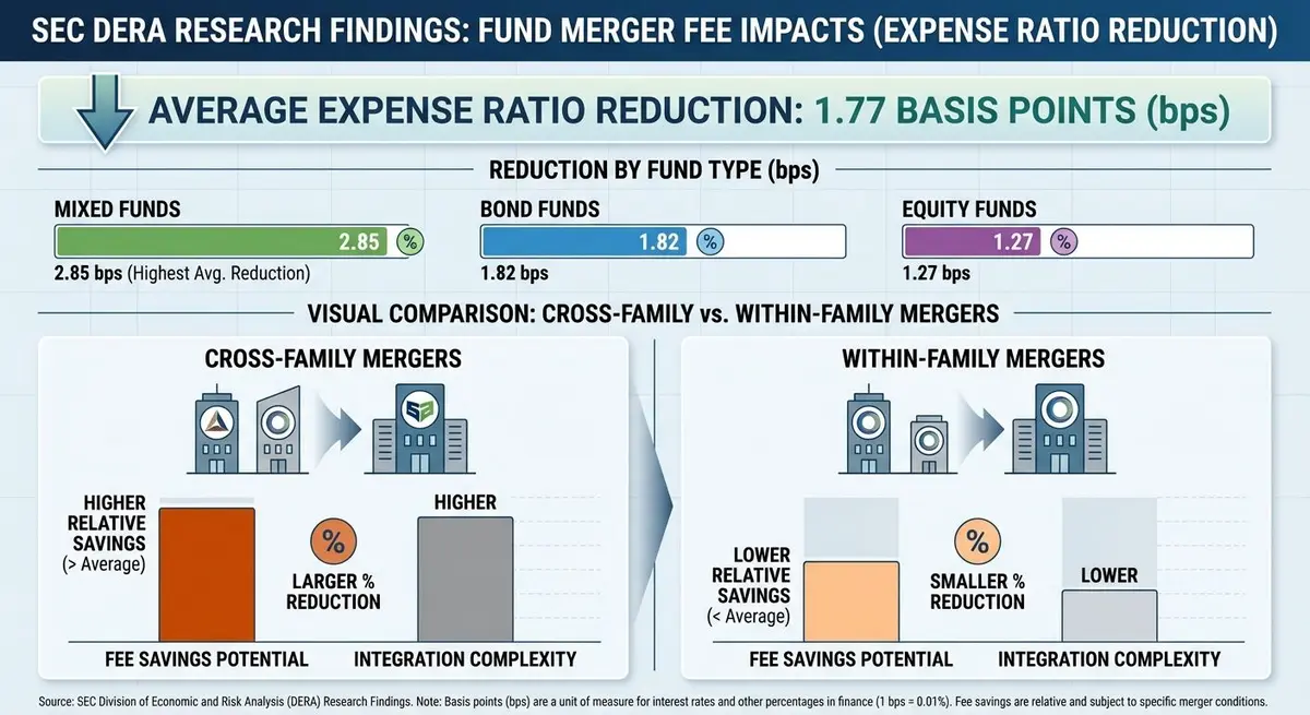 SEC data analysis showing how mutual fund and ETF mergers affect investor fees including expense ratios and management fees