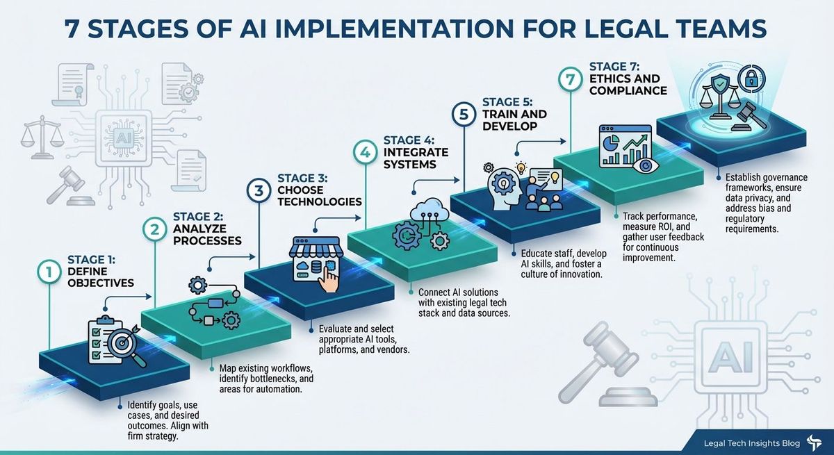 Diagram showing seven ascending stages of AI implementation for legal teams, from defining objectives through ethics and compliance governance