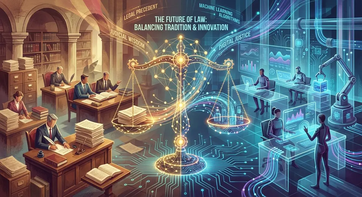 Abstract illustration of AI circuit patterns merging with legal scales of justice, representing the intersection of legal engineering and artificial intelligence in modern law practice