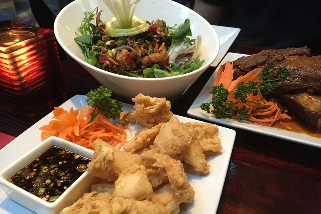 Crispy squid, spare ribs and duck salad at Koh Thai Bath