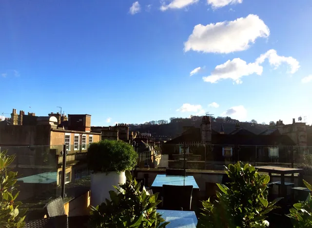 View from roof terrace at Hall & Woodhouse in Bath during Winter