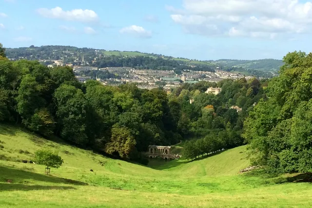 View of Prior Park valley, palladian bridge and city of Bath