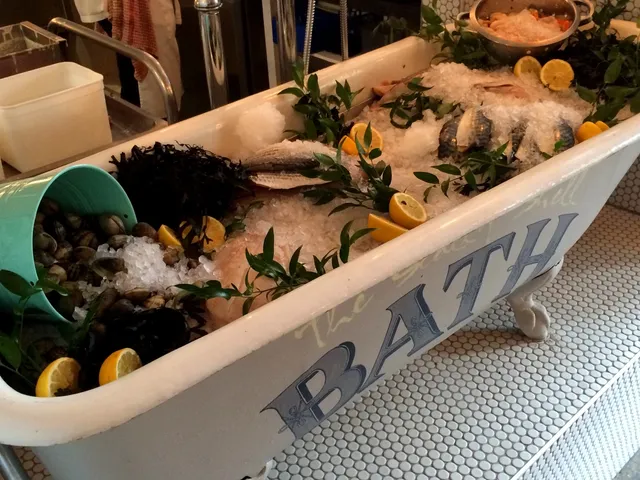 Fresh fish display in a period bath tub at Scallop Shell in Bath