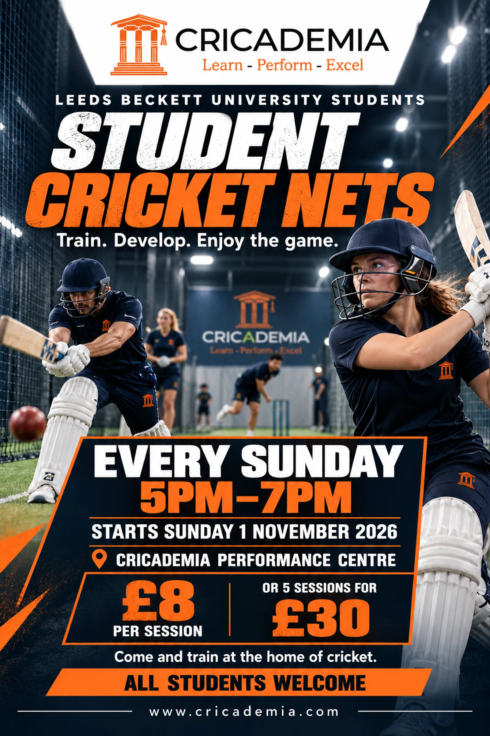poster showing times & dates for student cricket nets