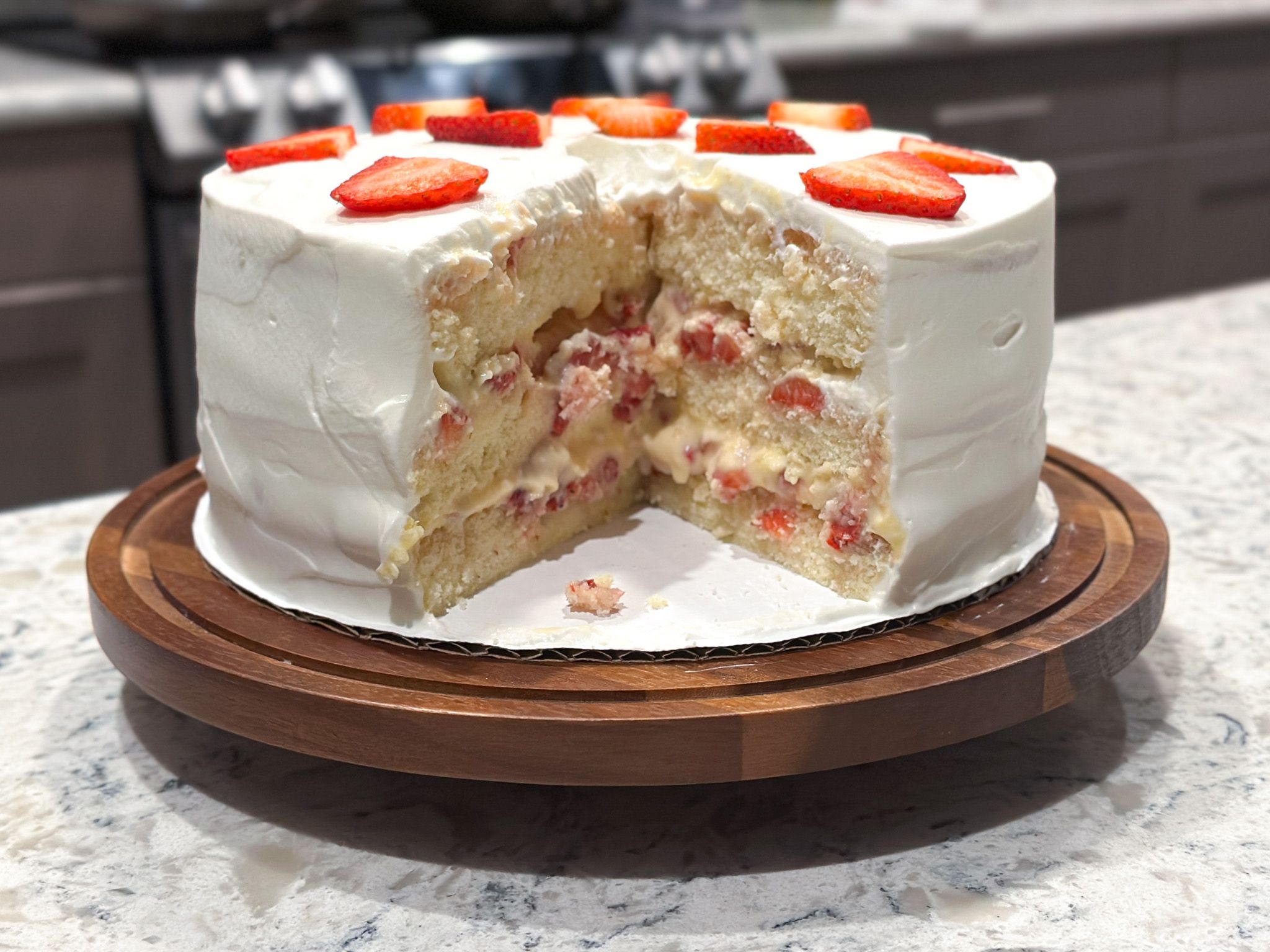 A Cleveland Cassata Cake with a slice cut out
