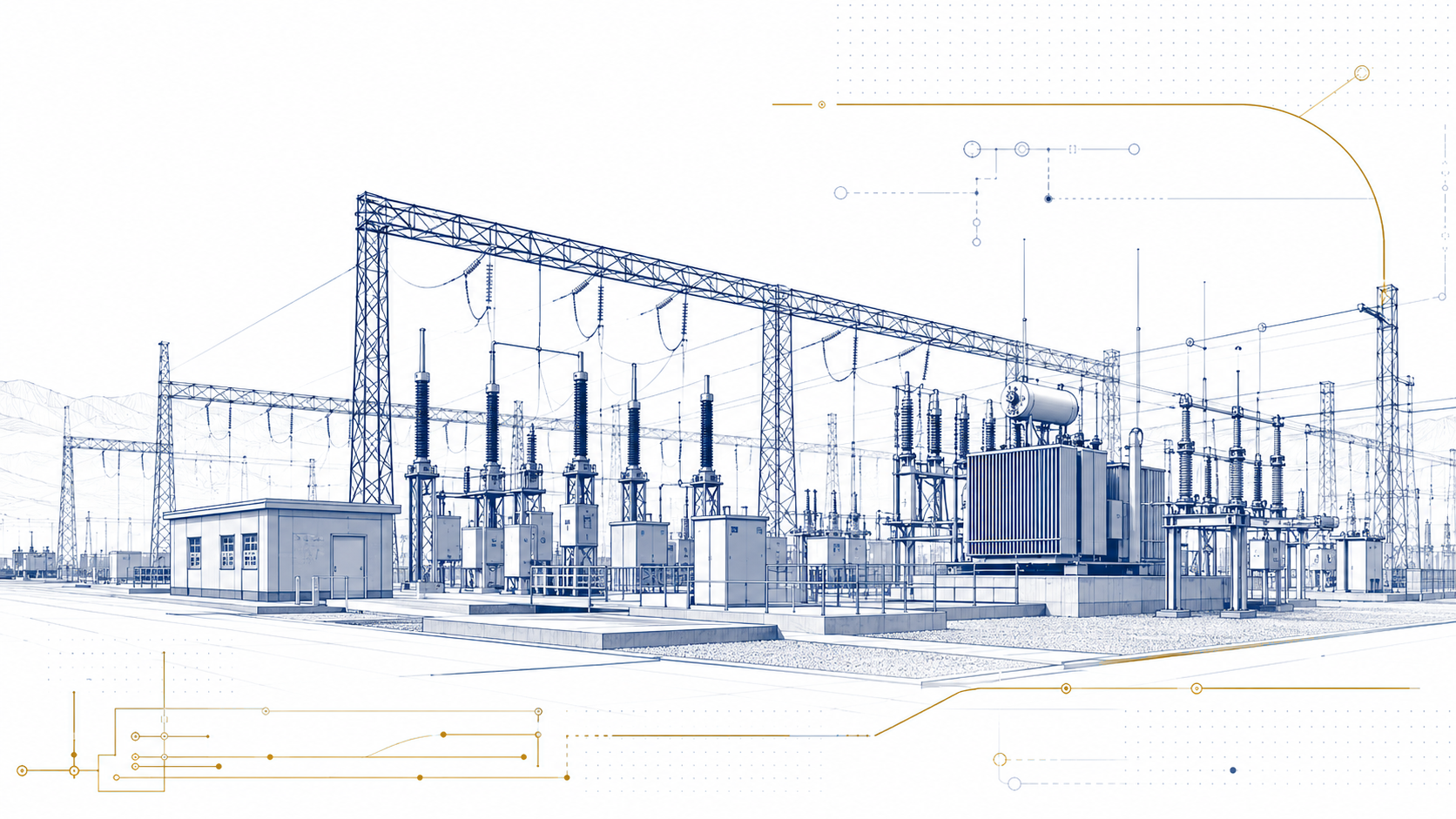 Substation yard with transformers, structures and protection