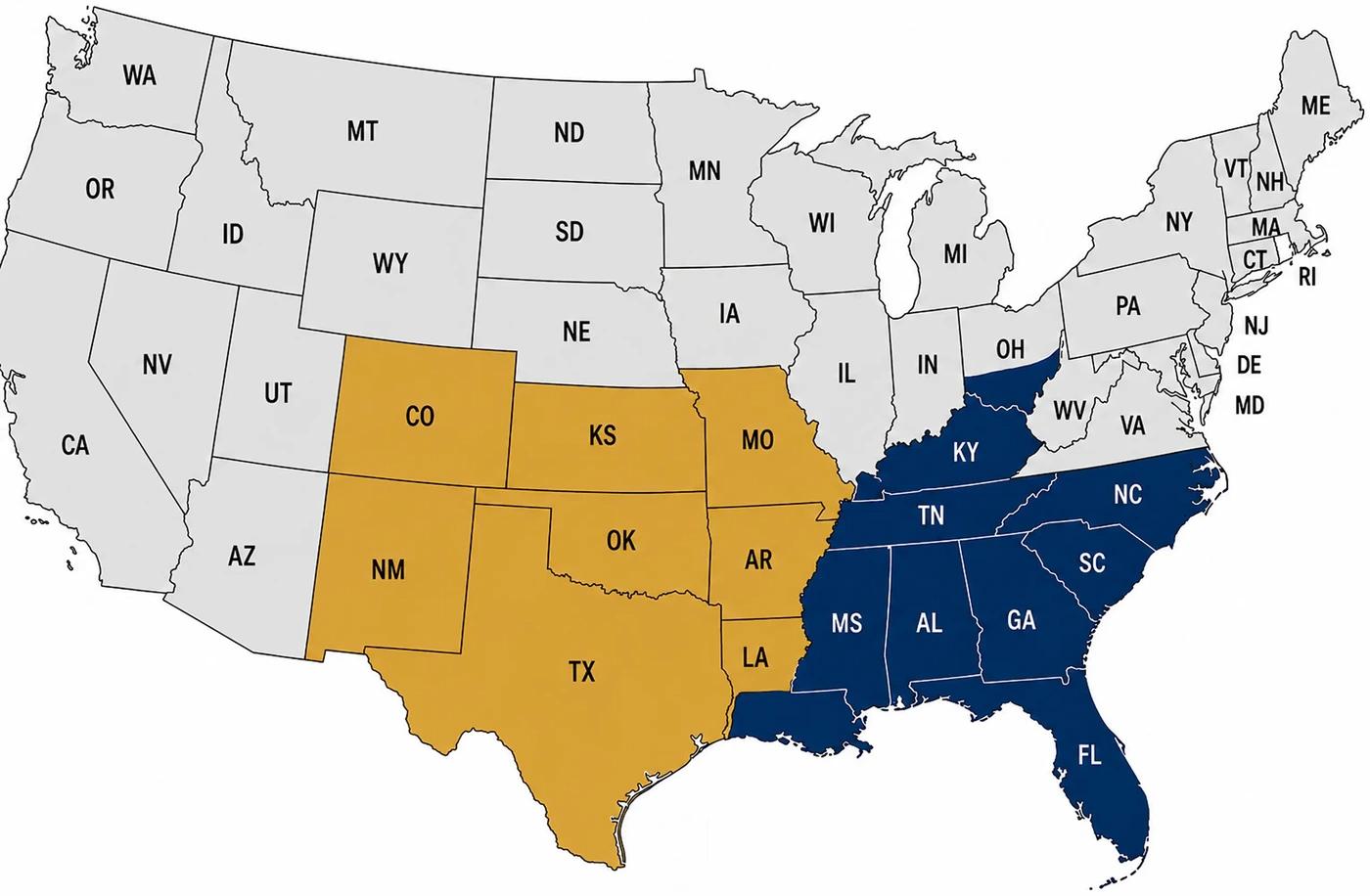 Map of the United States. The Southwest territory covers Texas, Oklahoma, New Mexico, Colorado, Kansas, Missouri, Arkansas and northern Louisiana. The Southeast territory covers Kentucky, Tennessee, North Carolina, South Carolina, Georgia, Alabama, Mississippi, Florida and southern Louisiana.