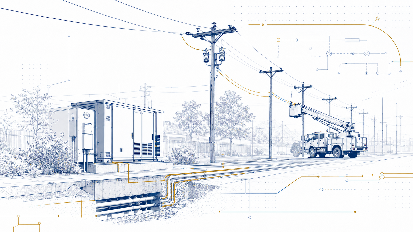 Overhead and underground distribution along a service corridor