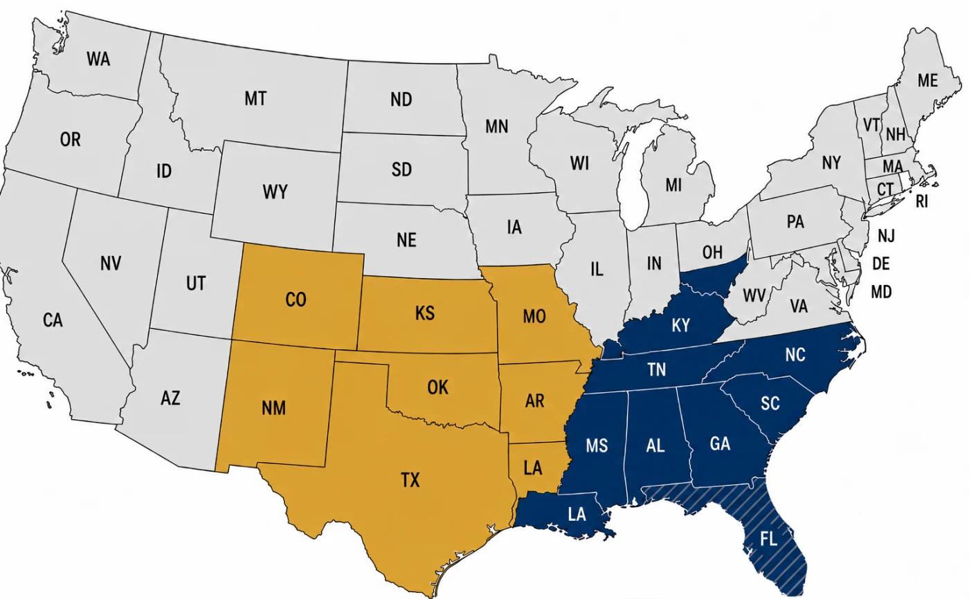 Map of the United States. The Southwest territory covers Texas, Oklahoma, New Mexico, Colorado, Kansas, Missouri, Arkansas and northern Louisiana. The Southeast territory covers Kentucky, Tennessee, North Carolina, South Carolina, Georgia, Alabama, Mississippi, Florida and southern Louisiana, with Florida shown hatched as the Southeast/Florida territory.