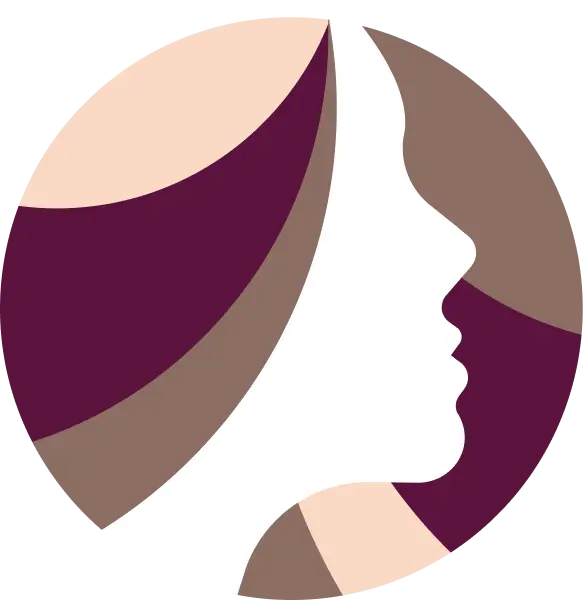 White silhouette of a woman's profile in a circular logo with curved peach, plum, and brown sections.