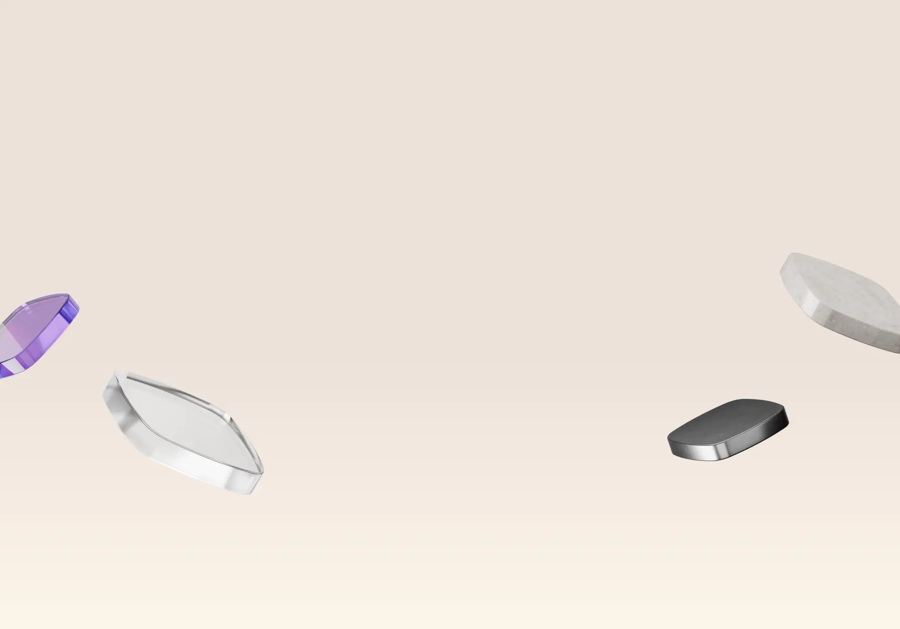 Four abstract floating shapes: purple, clear, dark grey, and light grey.
