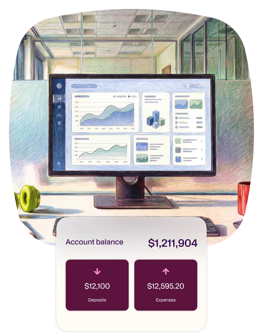 Hand-drawn illustration of financial data dashboards on a computer monitor, with an overlay showing account balance, deposits, and expenses.