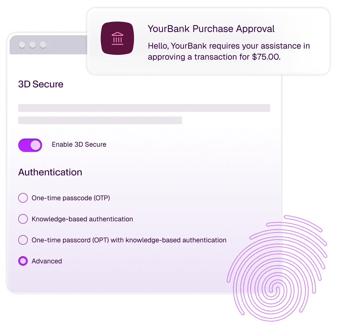Banking app interface with a purchase approval notification, 3D Secure settings, authentication options, and a fingerprint graphic.